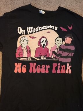 Graphic Horror Comedy Tee — Black with Pink & Cream Print